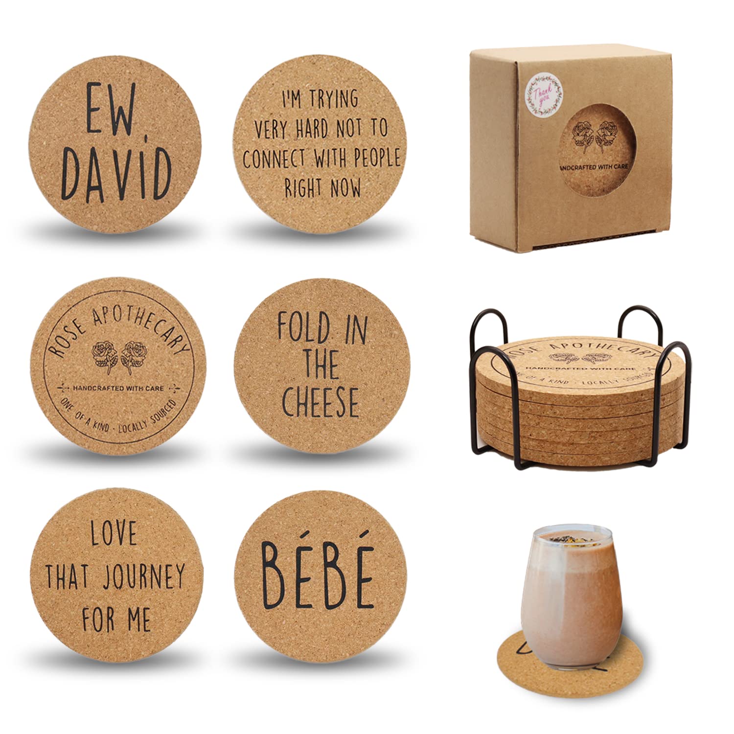 Schitts Creek Cork Coasters for Drinks, Unique Schitt's Creek Merchandise Decorations Gifts Ideas Ew David Rose Apothecary Quotes Birthday & House Warming Presents - Set of 6 with Metal Holder