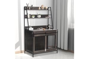 BTDWI Dog Crate Indoor Furniture with Storage Shelves, 37 inch Wooden Dog Kennel with Double Sliding Doors, Heavy Duty Dog Cage for Large Medium Small Dogs, Grey