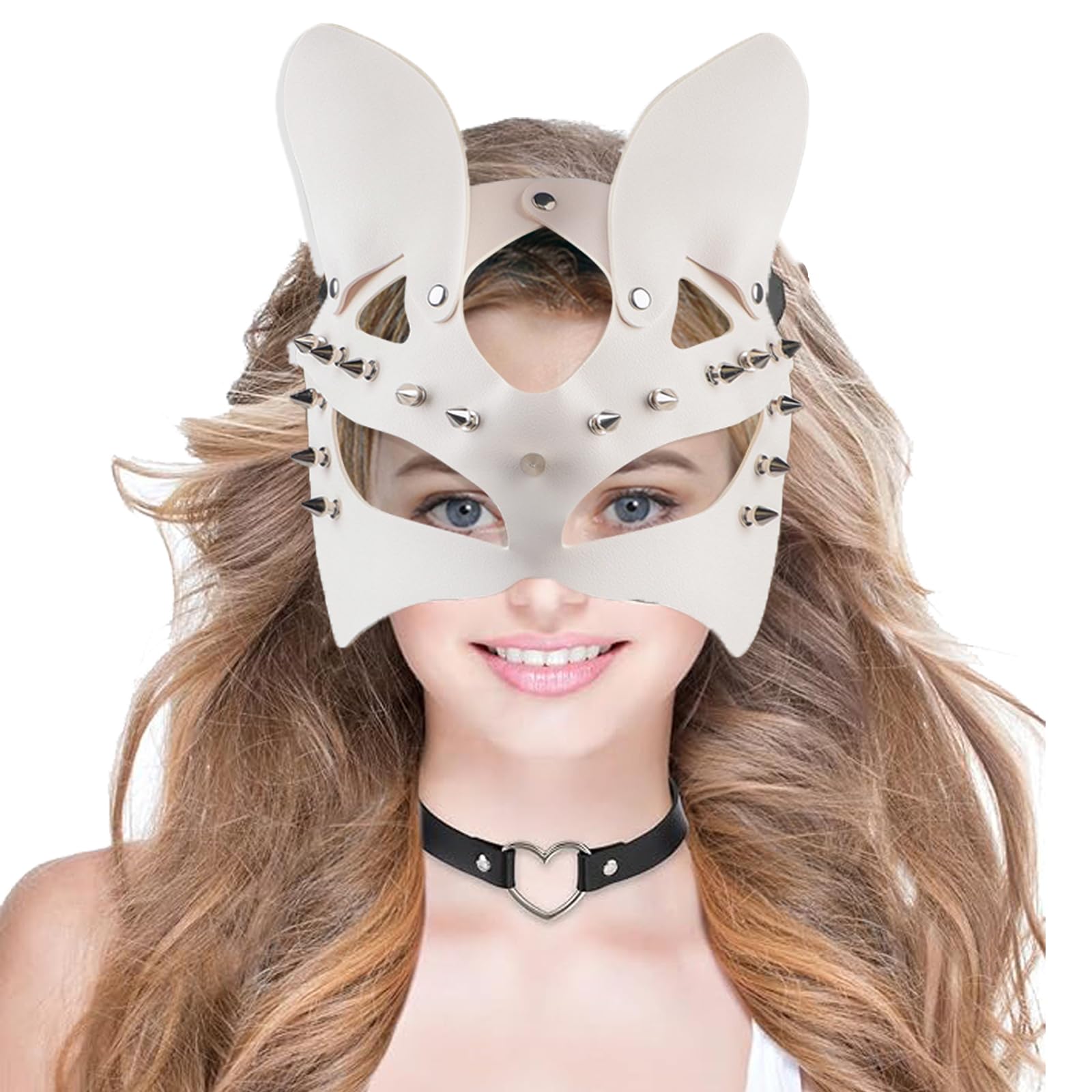 Women Cat Leather Mask Half Face Eyemask Punk Mask Halloween Fancy Dress Eyewear Mysterious Venetian Costume with Tassels for Carnival Night Club Dance Party Makeup Props