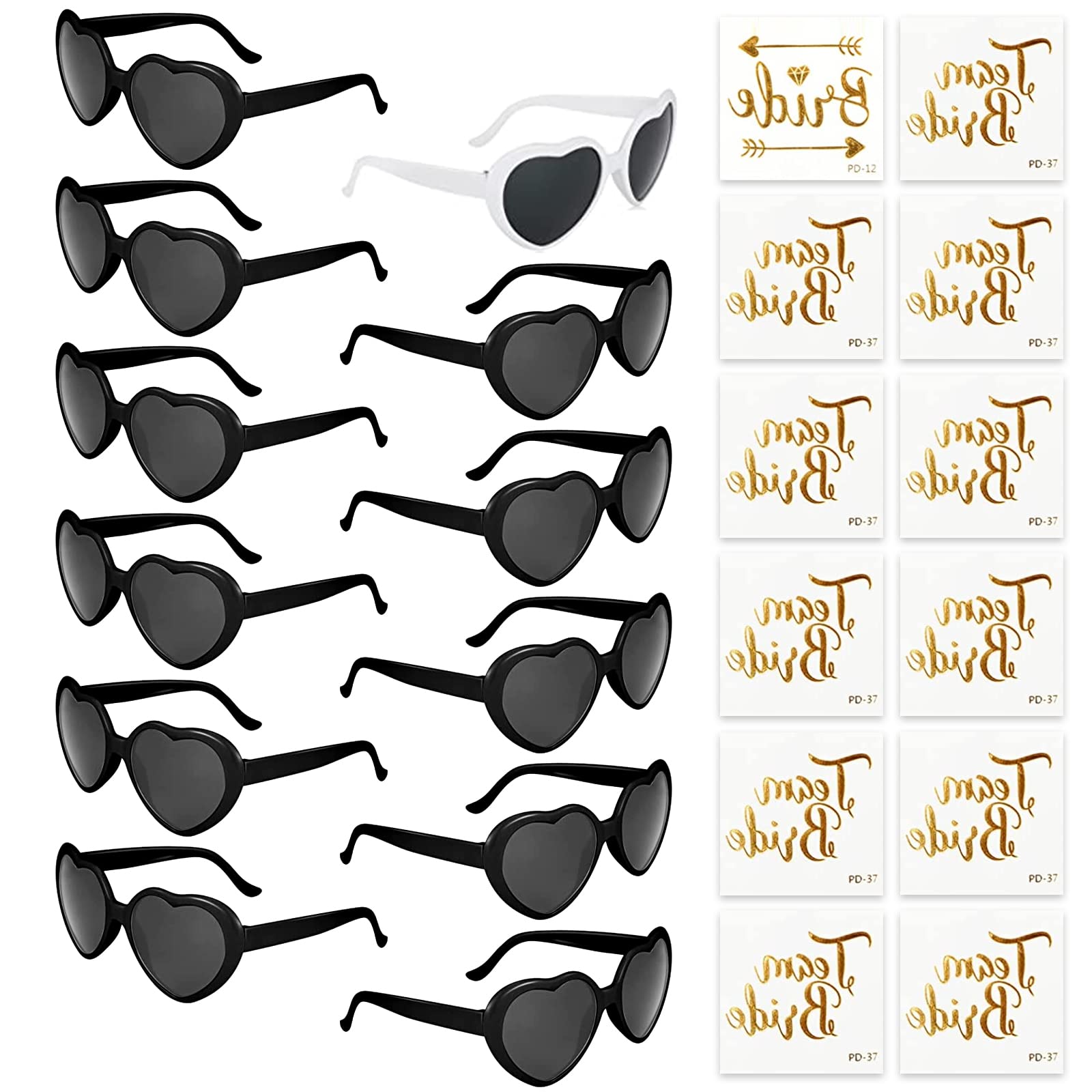 Party Glasses, Heart Sunglasses, 12 Bride to Be Heart Sunglasses and 12 Team Bride Tattoo Stickers, Party Sunglasses, Team Bride, Hippie Heart-Shaped Glasses, Hen Party Glasses and JGA Decorative