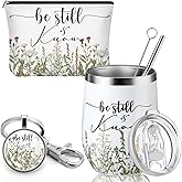 Didaey 3 Pcs Christian Valentine Gifts for Women Be Still and Know Religious Scripture Cup Stainless Steel Tumbler 12 oz Inspirational Keychain Bible Verse Cosmetic Bag for Mother Mom Church Favors