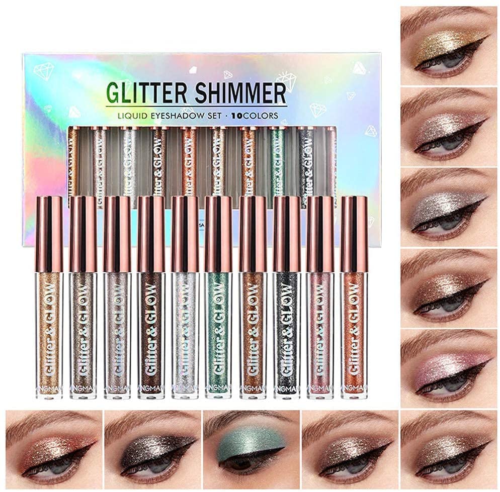 10 Color Metallic Glitter Liquid Eyeshadow Set, Waterproof Smoky Eye Makeup, Long-lasting Quick-drying Glitter Eye Makeup Kit (A)