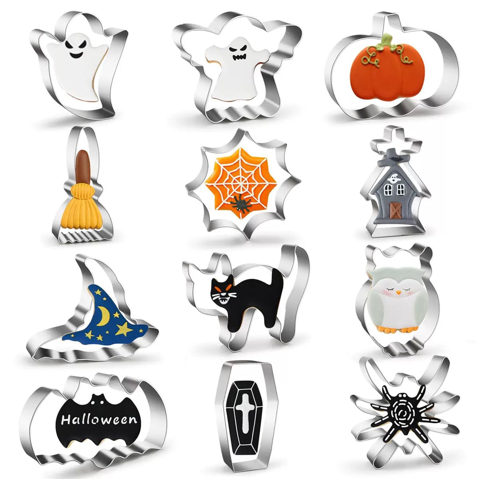 Photo 1 of 12 Pcs Halloween Cookie Cutters Set, Cat, Bat, Owl, Ghost, Pumpkin, Witch hat, Broom, Spider, Spider Web, Coffin, Tombstone Shape, Stainless Steel Metal Biscuit Molds for Baking or Party Decorations
