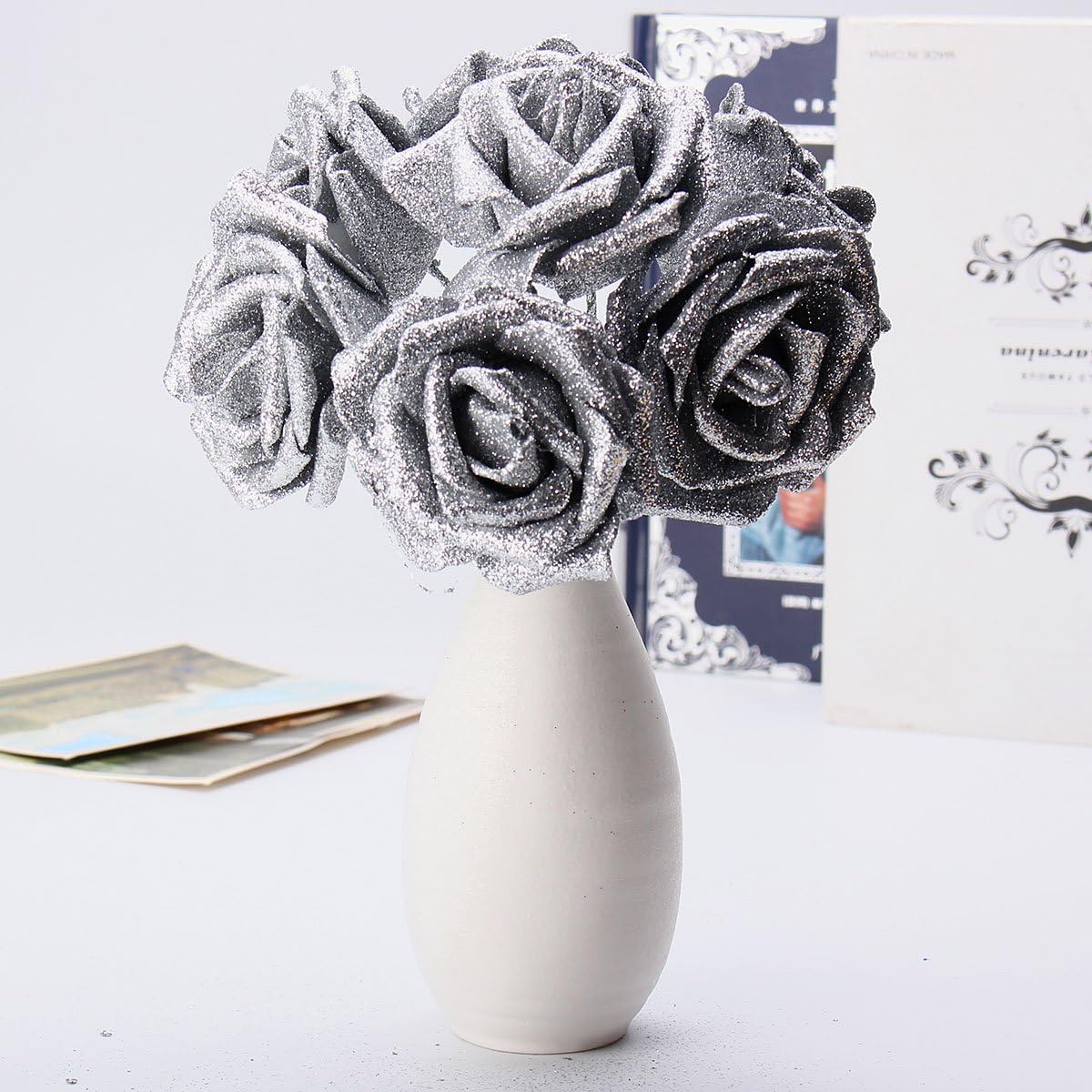 Tutoy 7Pcs Artificial Bouquet Glitter Foam Artificial Flowers Wedding Bridal Party Decor DIY Rose - Silver