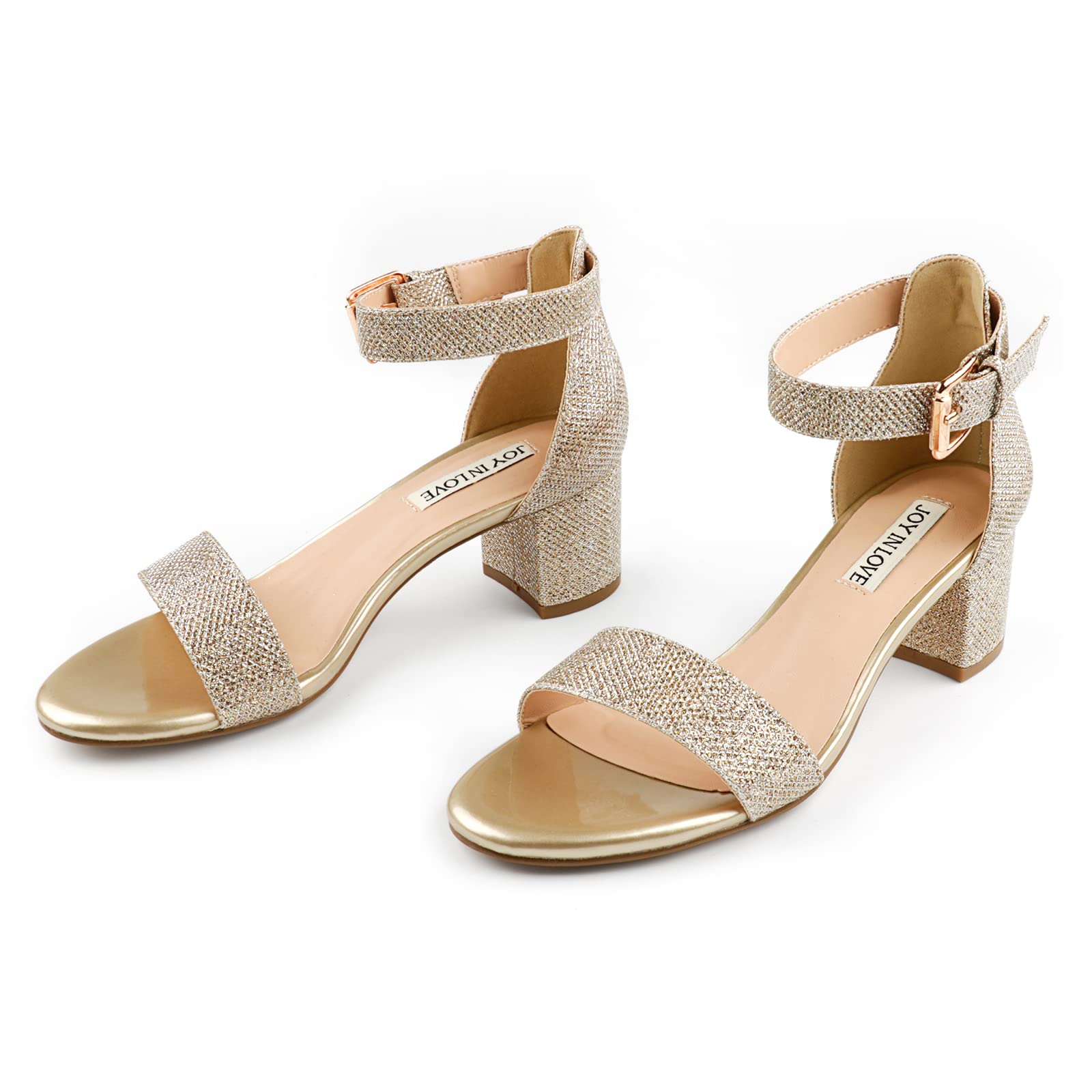 Photo 1 of JOY IN LOVE Women's Chunky Low Heels Ankle Strap Open Toe Block Heel Sandals Gold Glitter 7US