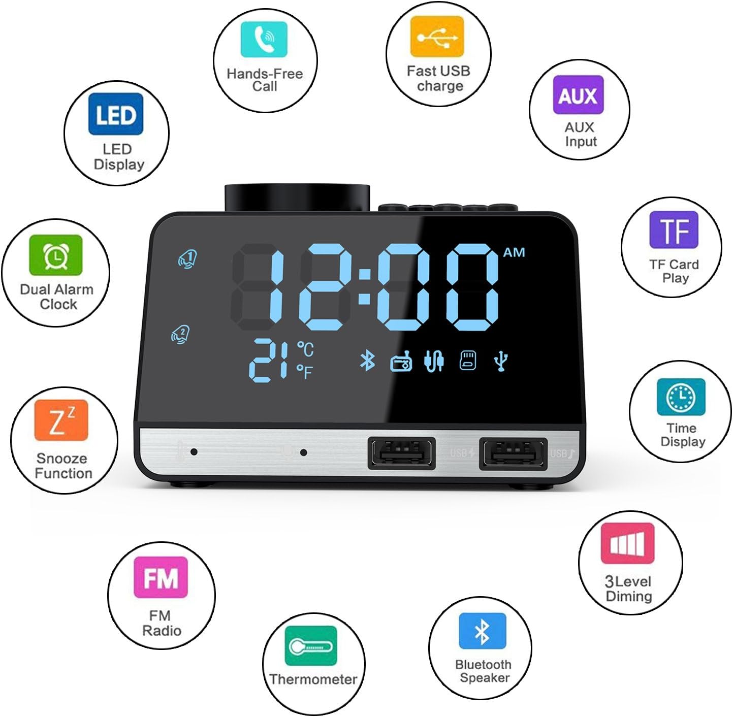 Charque Mini Alarm Clock Radio,Digital Clock with Bluetooth Speaker,Temperature Display,Dual USB Charging Port, 4.2 Inch Large Mirror LED Dimmable Display