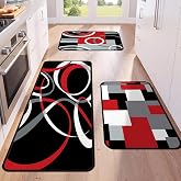 Maasechs 3 Pcs Red Black Kitchen Rugs and Mats Set Geometric Floor Mat | Non Slip Washable, Modern Abstract Runner Rug, Minimalist Kitchen Decor Accessories for Home Office Bathroom, 17"x29"+17"x47"