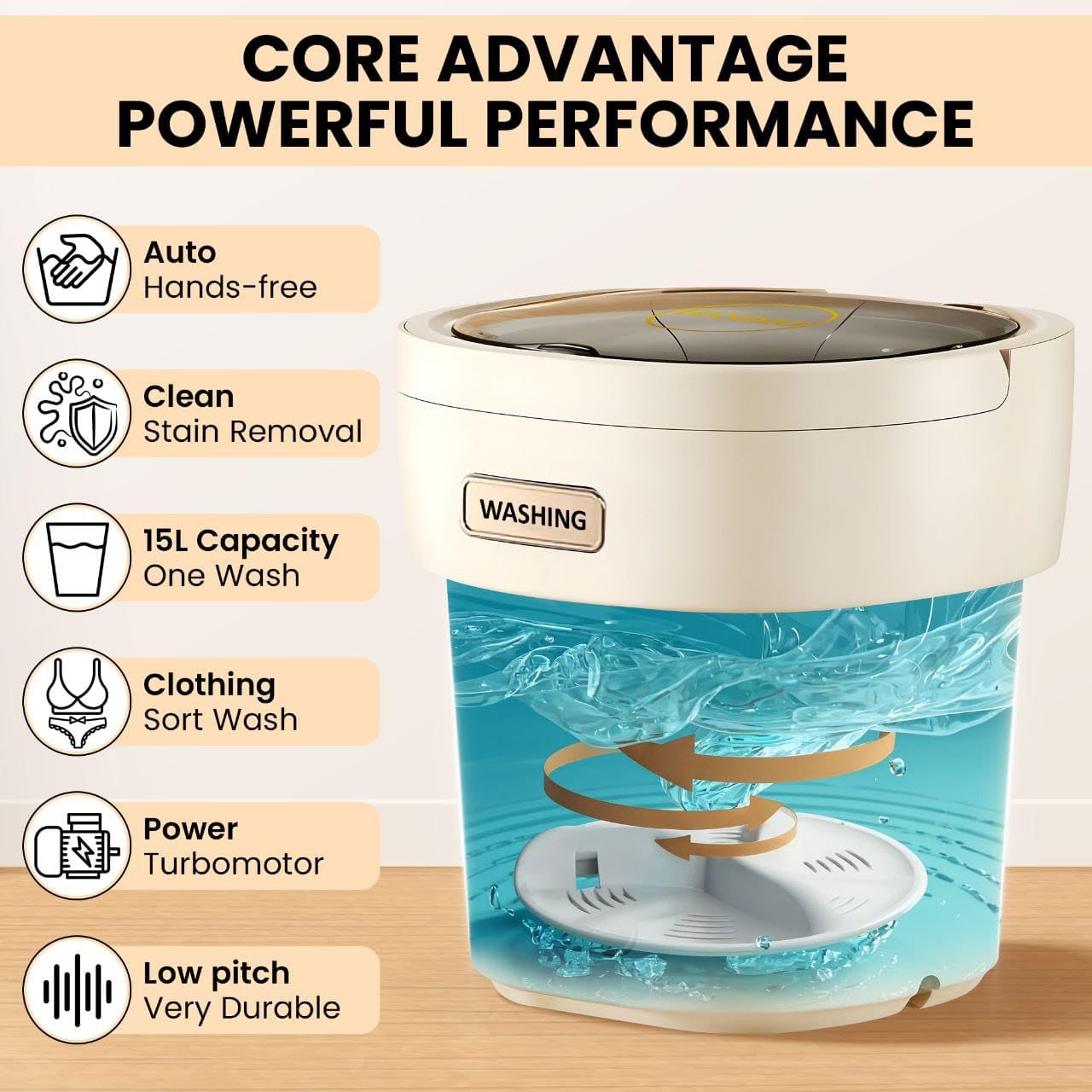 small portable washing machine15L with Spin Basket – Small Washer portable for Underwear, Delicate Clothes, and Light Laundry – Ideal for Apartments, Dorms, Hotels, and Camping.