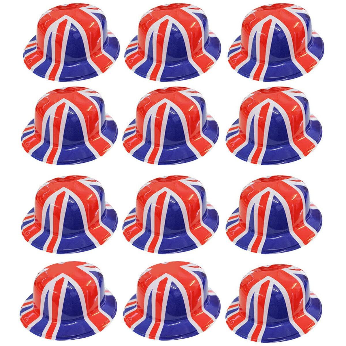 I LOVE FANCY DRESS LTD Union Jack Bowler Hat - British Flag Plastic Bowler Hats – VE Day, King's Coronation, Queens Jubilee, Britain Celebrations – Pack of 12