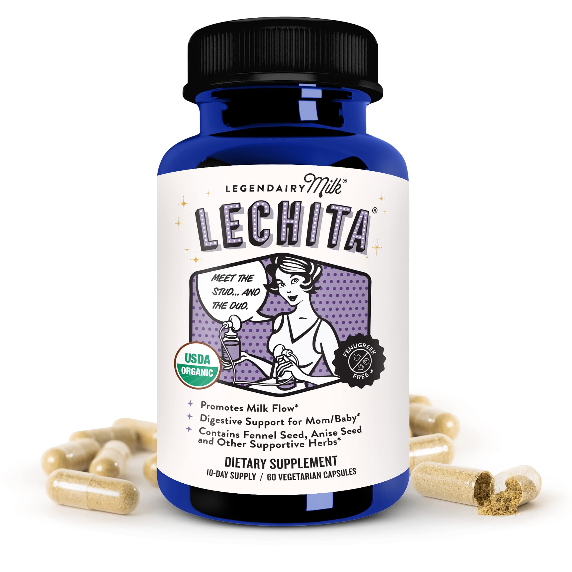 Legendairy Milk Lechita, Supports Milk Flow, Organic Fenugreek Free Breastfeeding Supplement, Organic Fennel & Anise, Made in USA, 60 Vegan Capsules