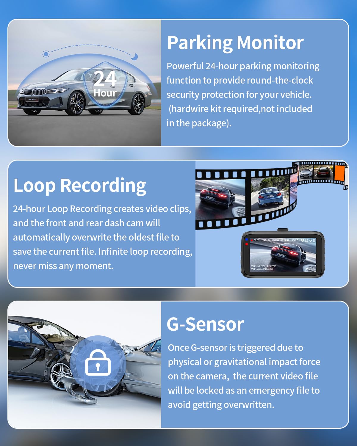 Milerong Dash Cam Front and Rear Wireless with 64GB Card/APP Control, 2.5K Dashcams Front+1080P Rear Dash Camera for Cars,3