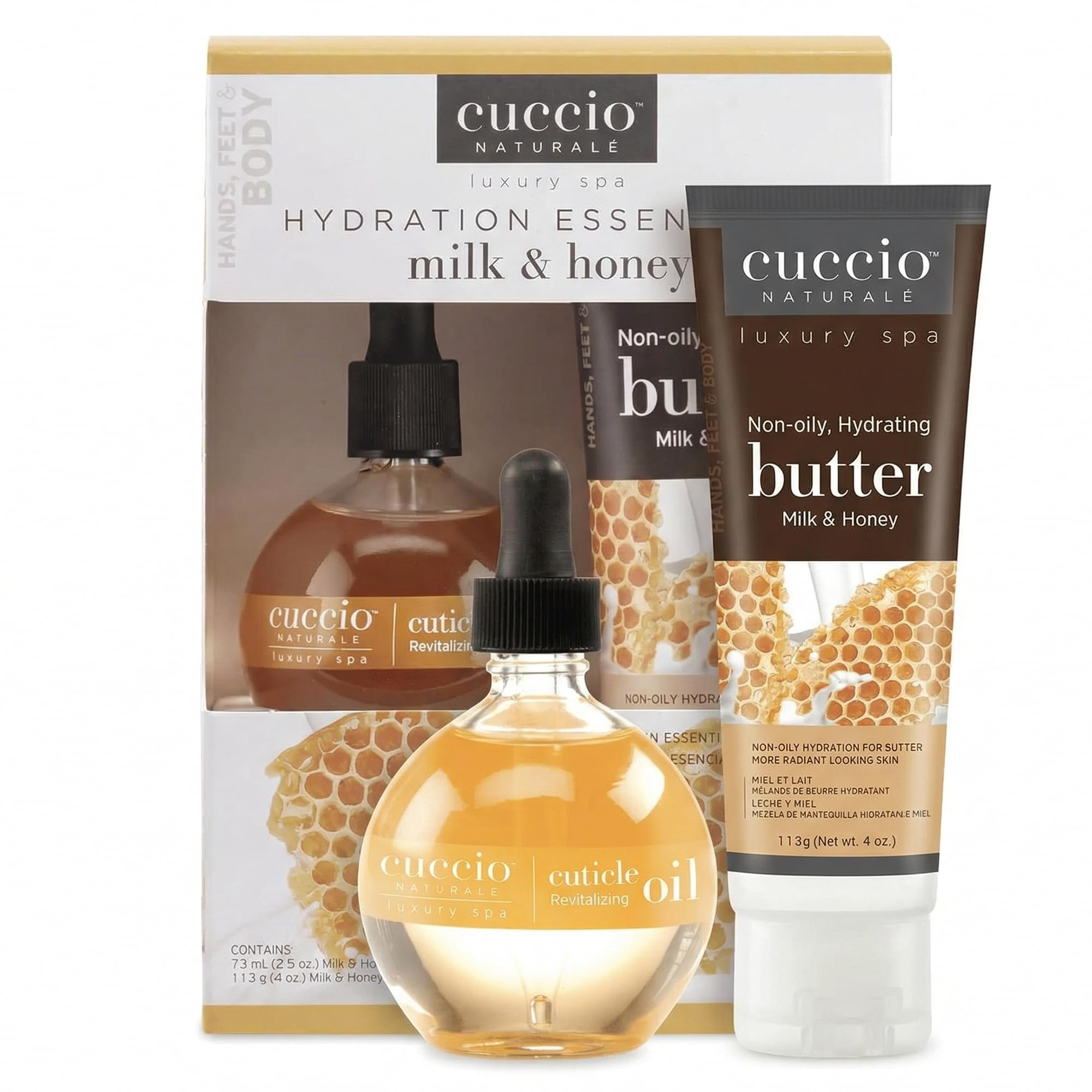 Cuccio Milk and Honey Hydration Essentials, 68ml, Cuticle Oil, and 4oz Butter for Nail Care, Nail Strengthening, Nail Repair, Nail Growth with Jojoba Oil Almond Oi,l and Vitamin E