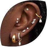 Hypoallergenic Earrings Stacks for Women - 14K Gold Plated Silver Flat Back Stud Earrings Stud Hoop Cartilage Earring Set Stainless Steel Flatback Stud Earring with CZ Charms