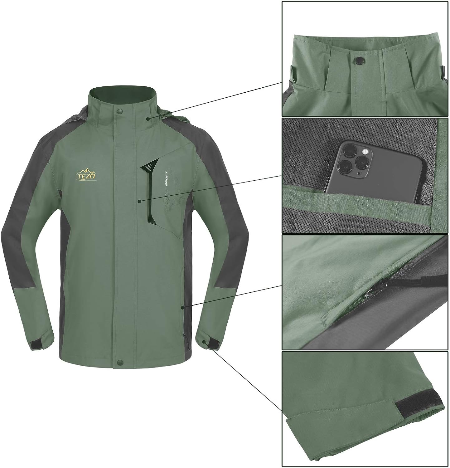 TEZO Mens Rain Jacket Waterproof with Hooded Hiking Coat Lightweight Windbreaker at  Men’s Clothing store