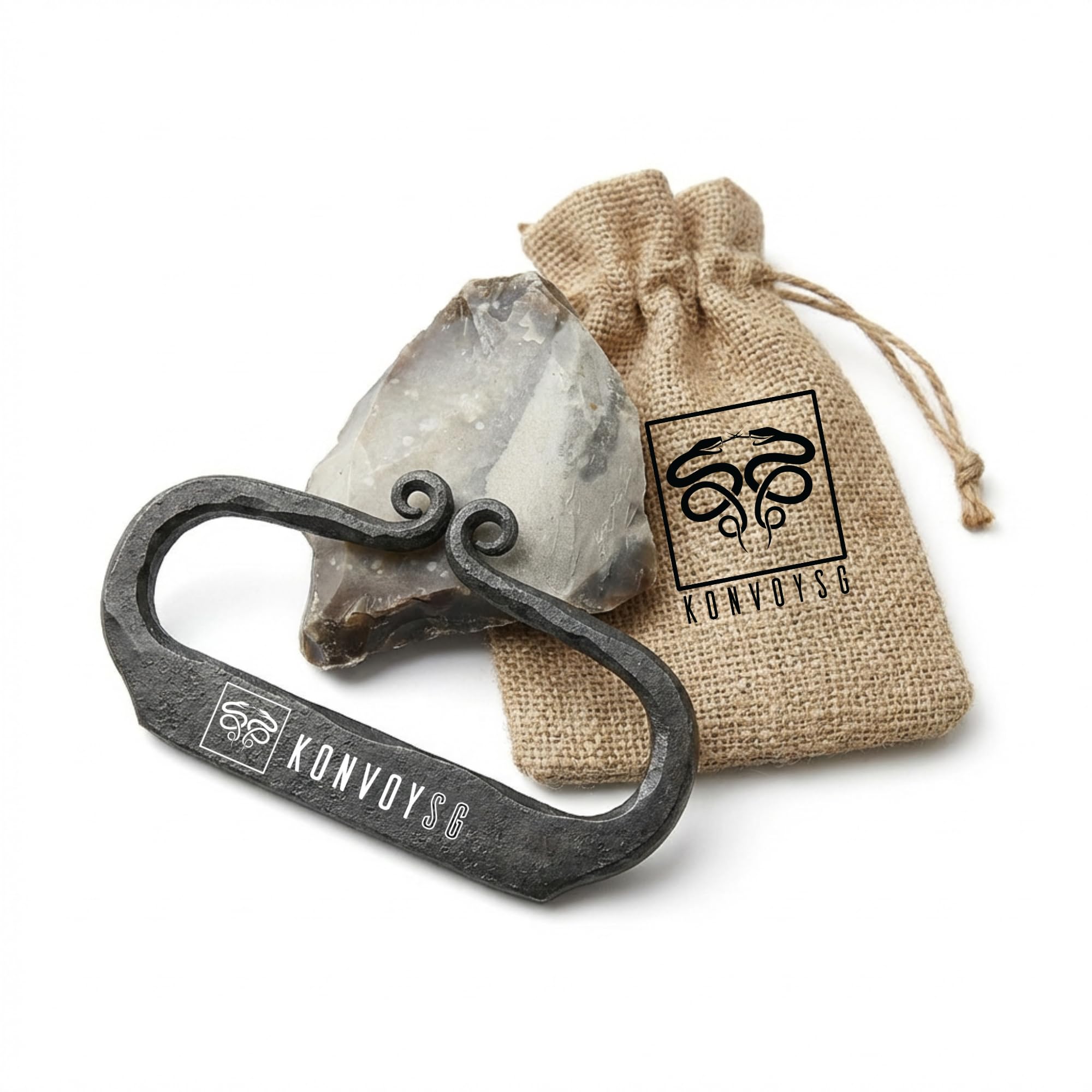 KonvoySG Hand-Forged Flint & Steel Fire Striker Kit – Carbon Steel with English Flint Stone & Jute Carry Bag – Traditional Bushcraft Survival Fire Starter for Camping & Emergency Use