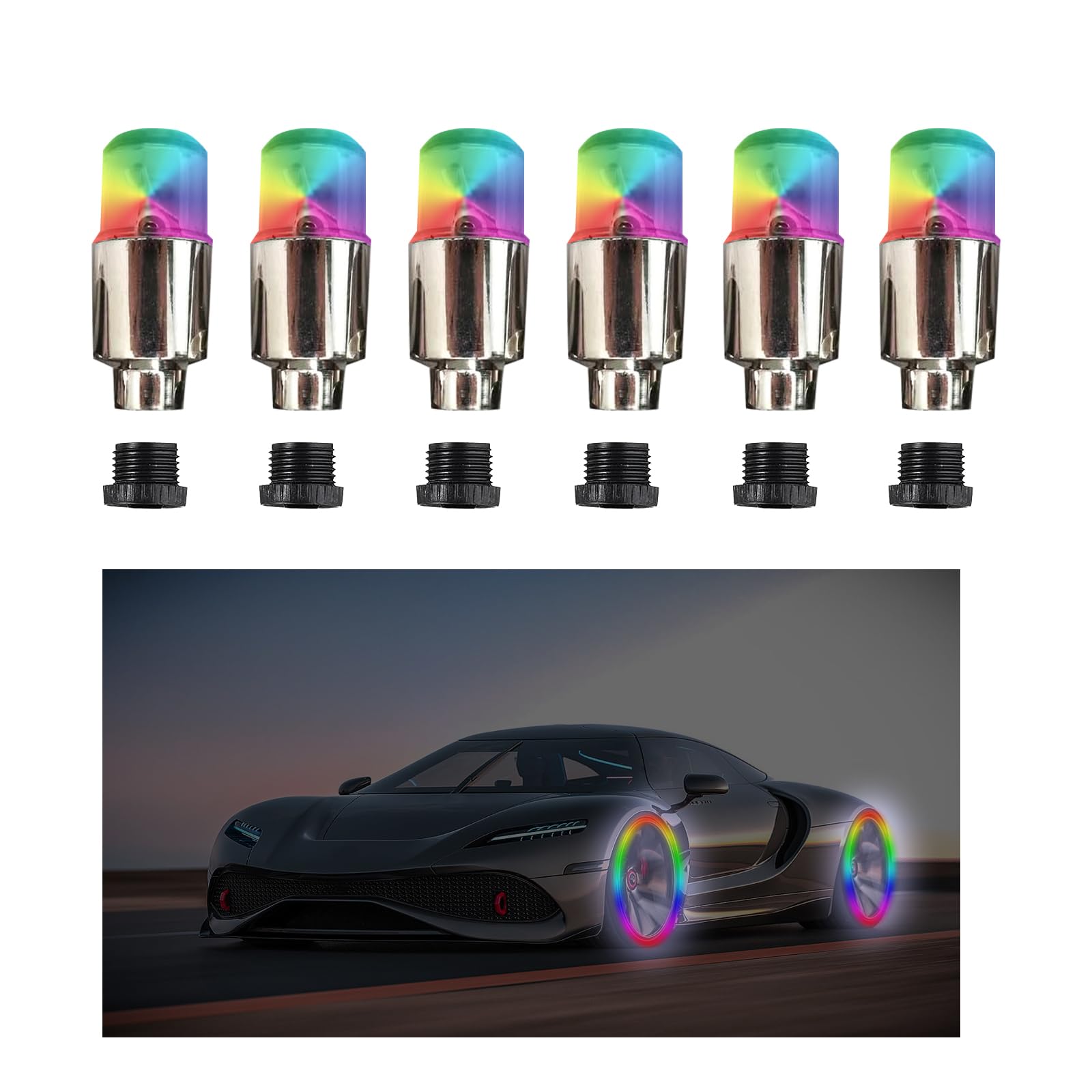 Photo 1 of Augeny 6 PCS LED Tire Valve Stem Cap Lights, Neon Spoke Flash Light Bulb Tire Valve Lights, Waterproof Wheel Tyre Valve Dust Cap, Auto Accessories for Car Truck Motorcycle Bike (Colourful)