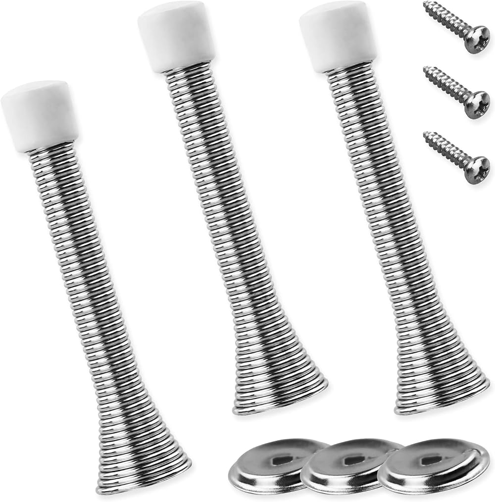 LAMXD 3 Pcs Silver Spring Door Stop Steel Base Wall Protector Rubber Tip