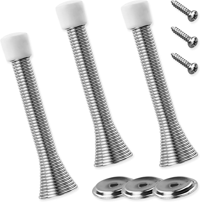 LAMXD 3 Pcs Silver Spring Door Stop Steel Base Wall Protector Rubber Tip