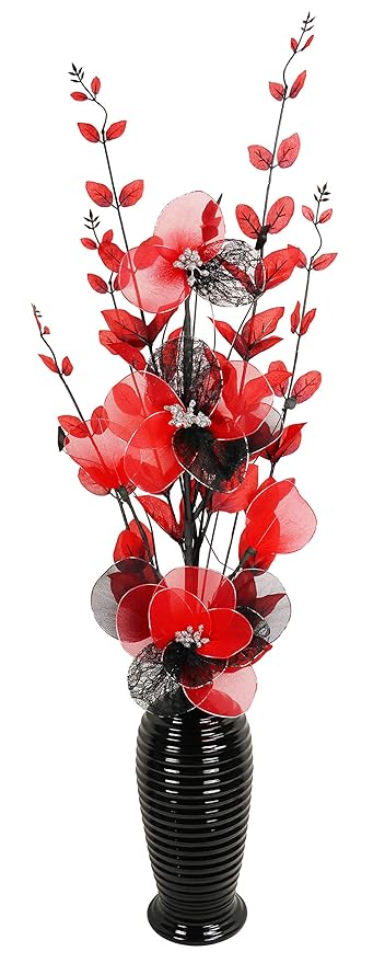 Silver Vase With Red And Black Artificial Flowers Home