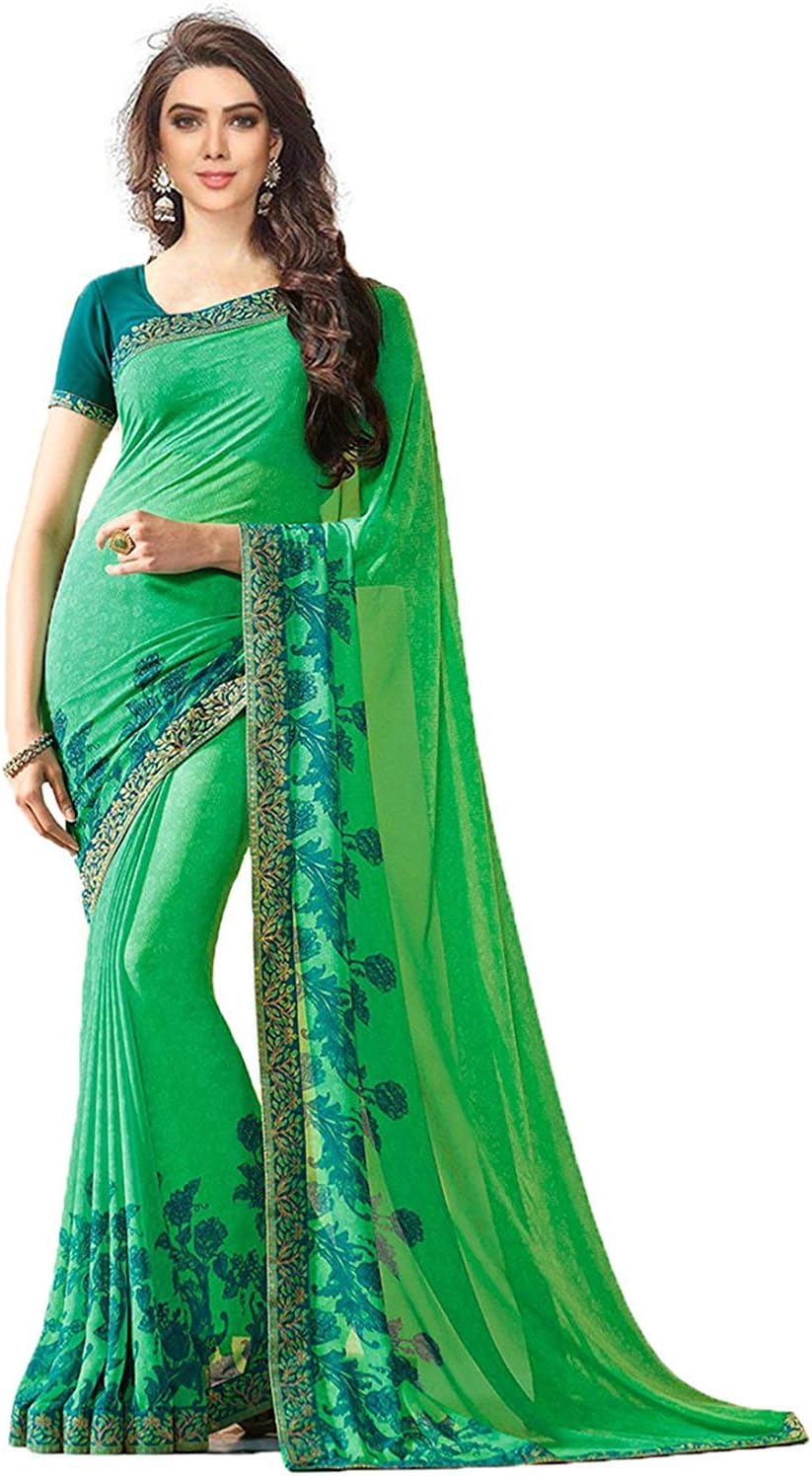 RAJESHWAR FASHION WITH RFWomen's Floral Printed Georgette Fancy Sarees For Festival With Jacquard Lace Border & Unstitched Blouse Piece(Green_Free Size 6.30 Mtr)
