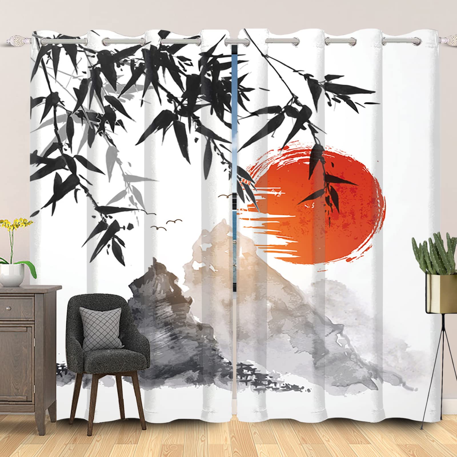 SDOTPMT 42x96inch Japanese Classic Ink Painting Window Curtain Mt Fuji Red Sun Bamboo Leaves Window Drapes Oriental Traditional Window Curtain for Living Room Bedroom Blackout Curtains, 2 Panels