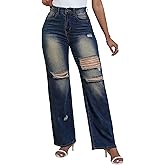 Sexyshine Women's High Waist Straight Leg Ripped Jeans Baggy Loose Washed Distressed Cut Out Y2K Denim Pants
