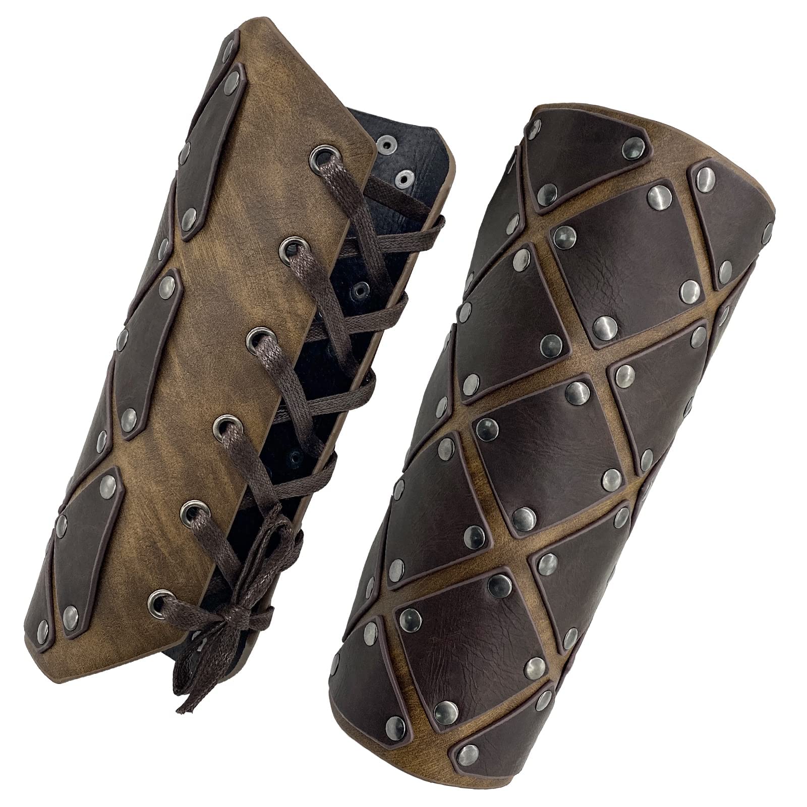 HiiFeuer Medieval Brigandine Arm Guards, Mercenary Faux Leather Gauntlet, Vintage Renaissance Knight Arm Bracers (Brown B)