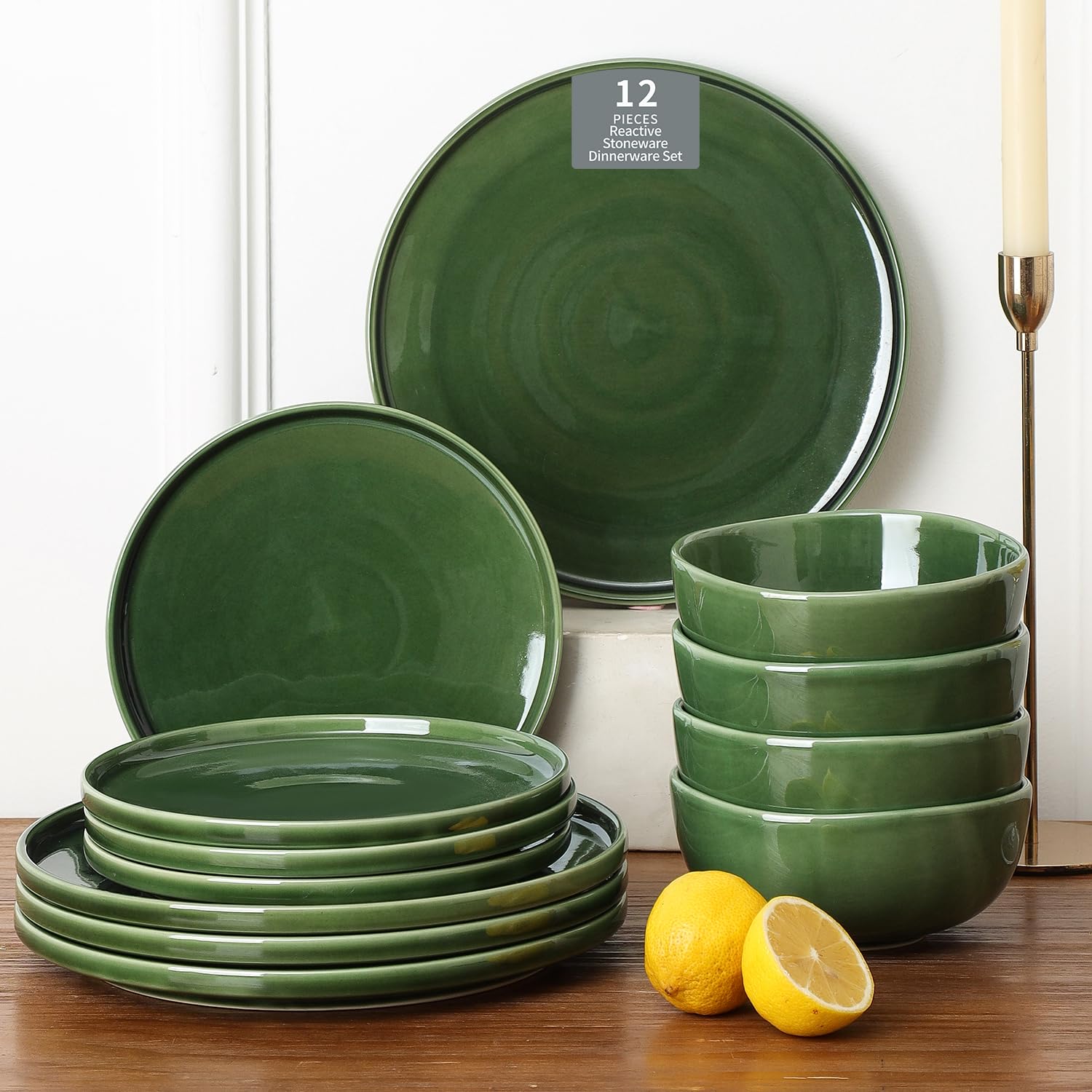 Photo 1 of Vicrays Ceramic 12 Pieces Dinnerware Set - Dinner Plates Salad Plates Cereal Bowls Set Service for 4 - Scratch Resistant Microwave Oven Dishwasher Safe - Green