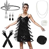 PLULON Women's 1920s Gatsby Sequin Fringed Vintage Flapper Dress Cocktail Party Dress with 20s Accessories Costume Set