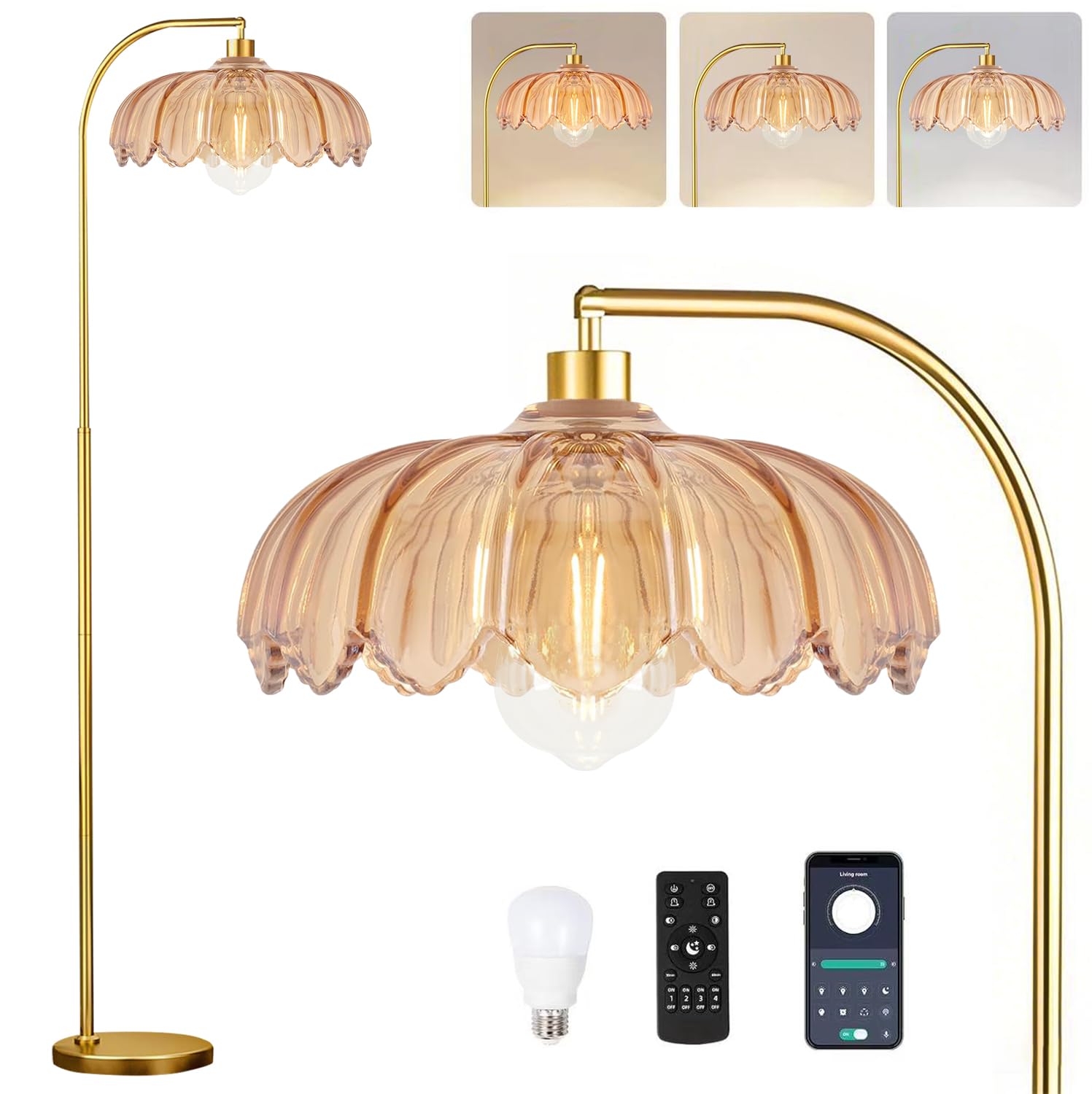 Photo 1 of ILLMTW Gold Floor Lamp for Living Room,Bedroom,Mid Century Modern Standing Lamp with Remote,Dimmable Brass Tall Lamp Amber Glass Lamp Vintage Retro Arc Floor Lamps Flower Floor Light Boho Bohemian