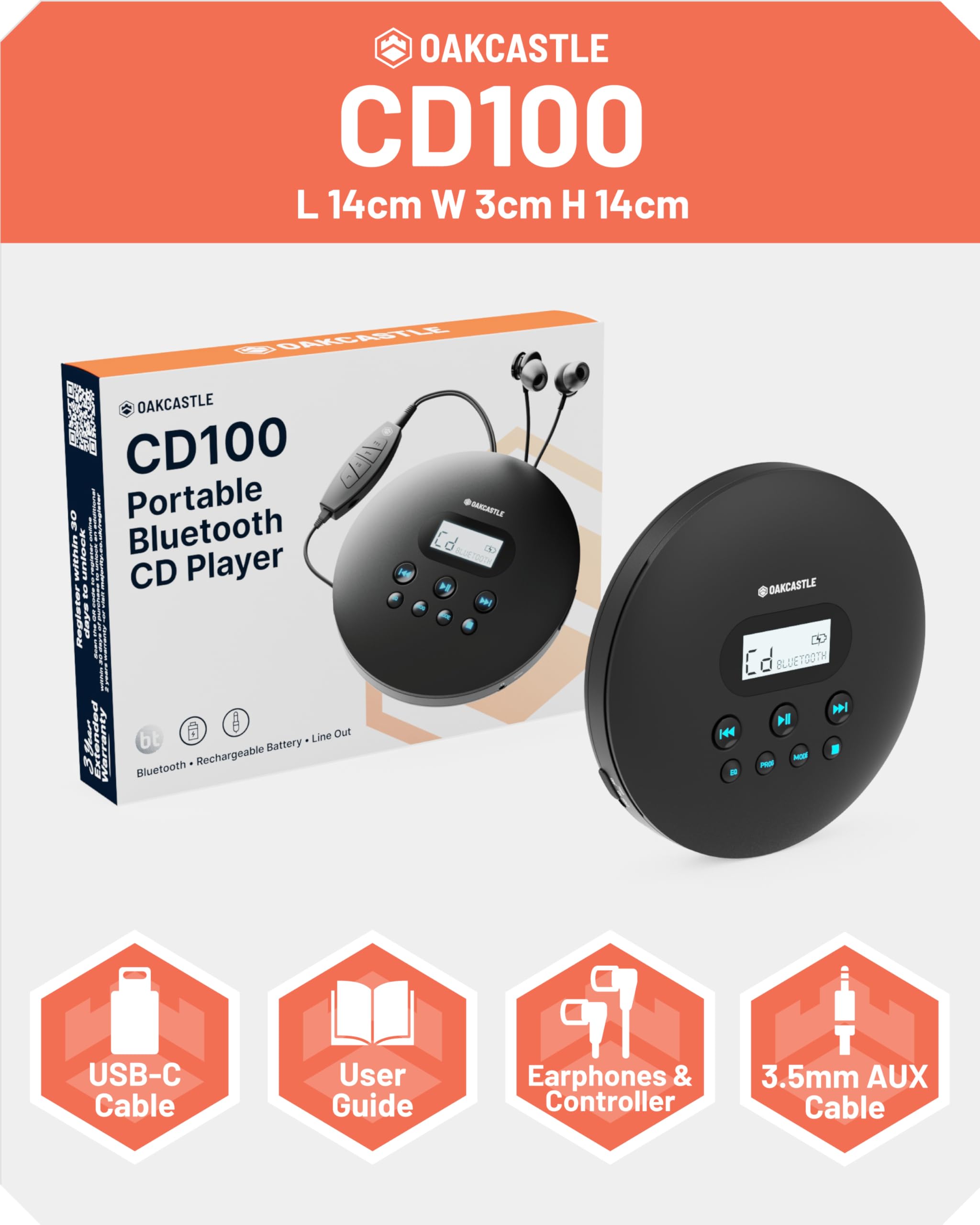 Oakcastle CD100 Rechargeable Bluetooth CD Player | 12hr Portable Playtime | in Car Compatible Personal CD Player | Headphones Included, AUX Output, Anti-Skip Protection, Custom EQ, CD100 (Black)