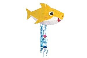 Unique Baby Shark 3D Pull String Pinata (11" x 9.5") - Vibrant Yellow, White & Blue Cardboard & Paper Design - Perfect for Bi