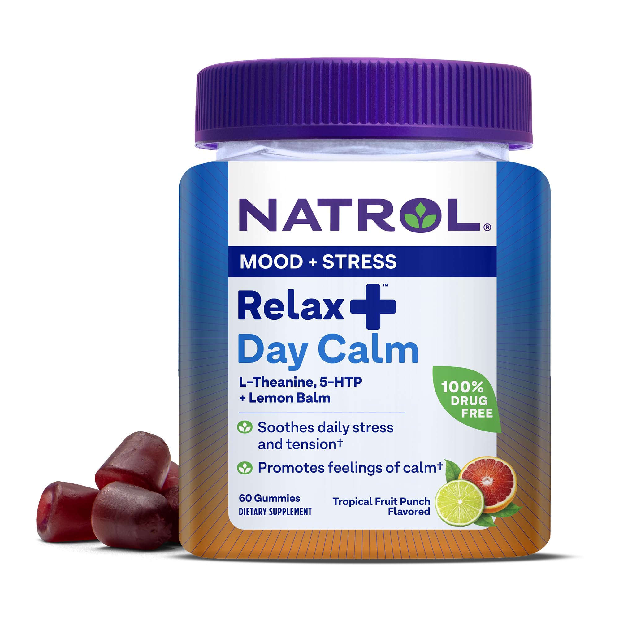 Natrol Mood+ Stress Relax+ Day Calm Gummies for Occasional Stress, Tropical Fruit Punch, 60 Count, 60 Day Supply