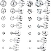 7/14 Pairs Surgical Steel Flat Back Earrings for Women Men, 20G Hypoallergenic Silver/Gold Plated Artificial Cubic Zirconia/Ball Stud Earring Set Fashion Flatback Studs Cartilage Earrings Pack for Multiple Piercing