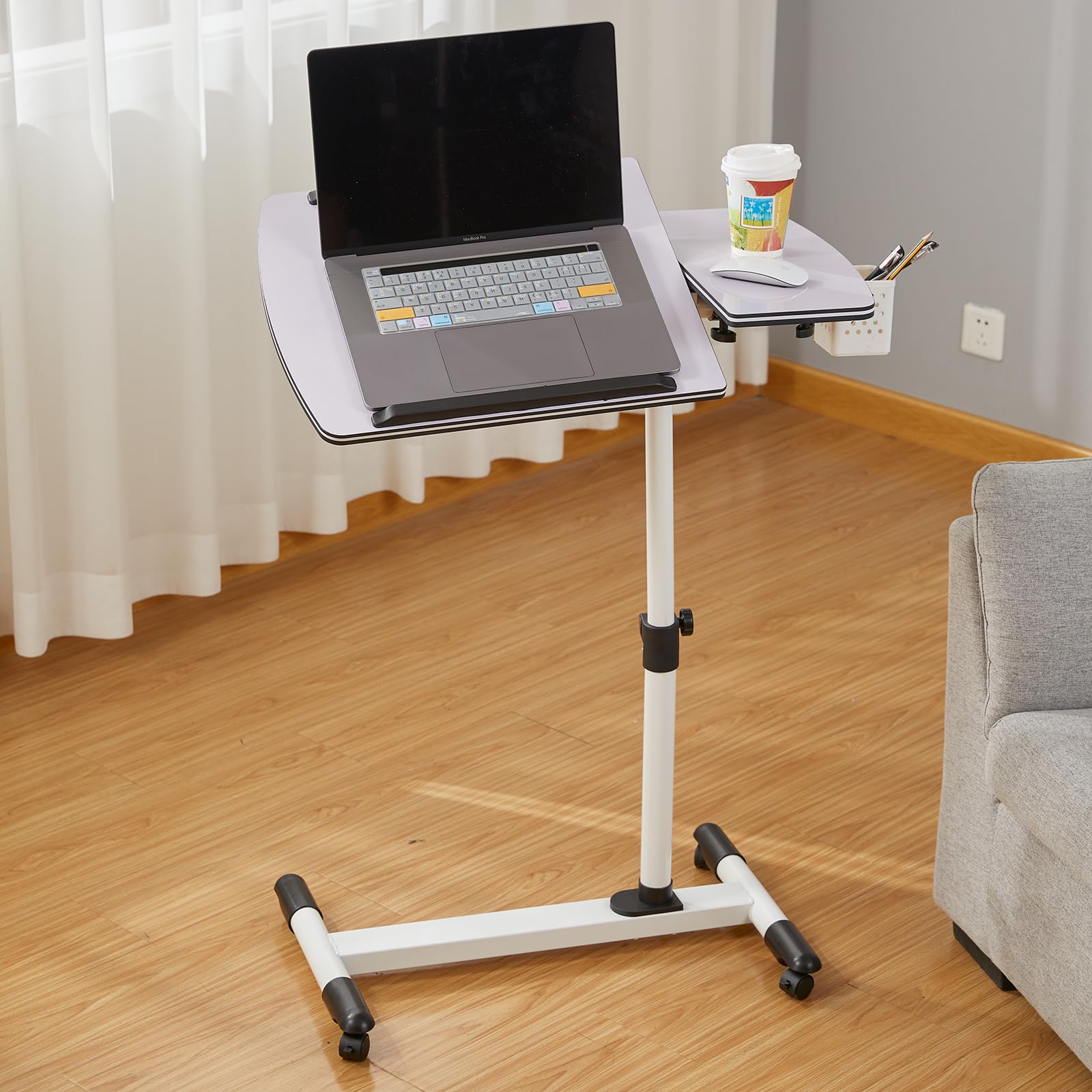 Photo 1 of Hovadova Tilting Overbed Table with Wheels,Height Adjustable Over Bed Bedside Desk with 2 Tilting Desktops, Mobile Laptop Table Stand Desk Rolling Computer Cart Medical for Hospital Home Sofa (White)