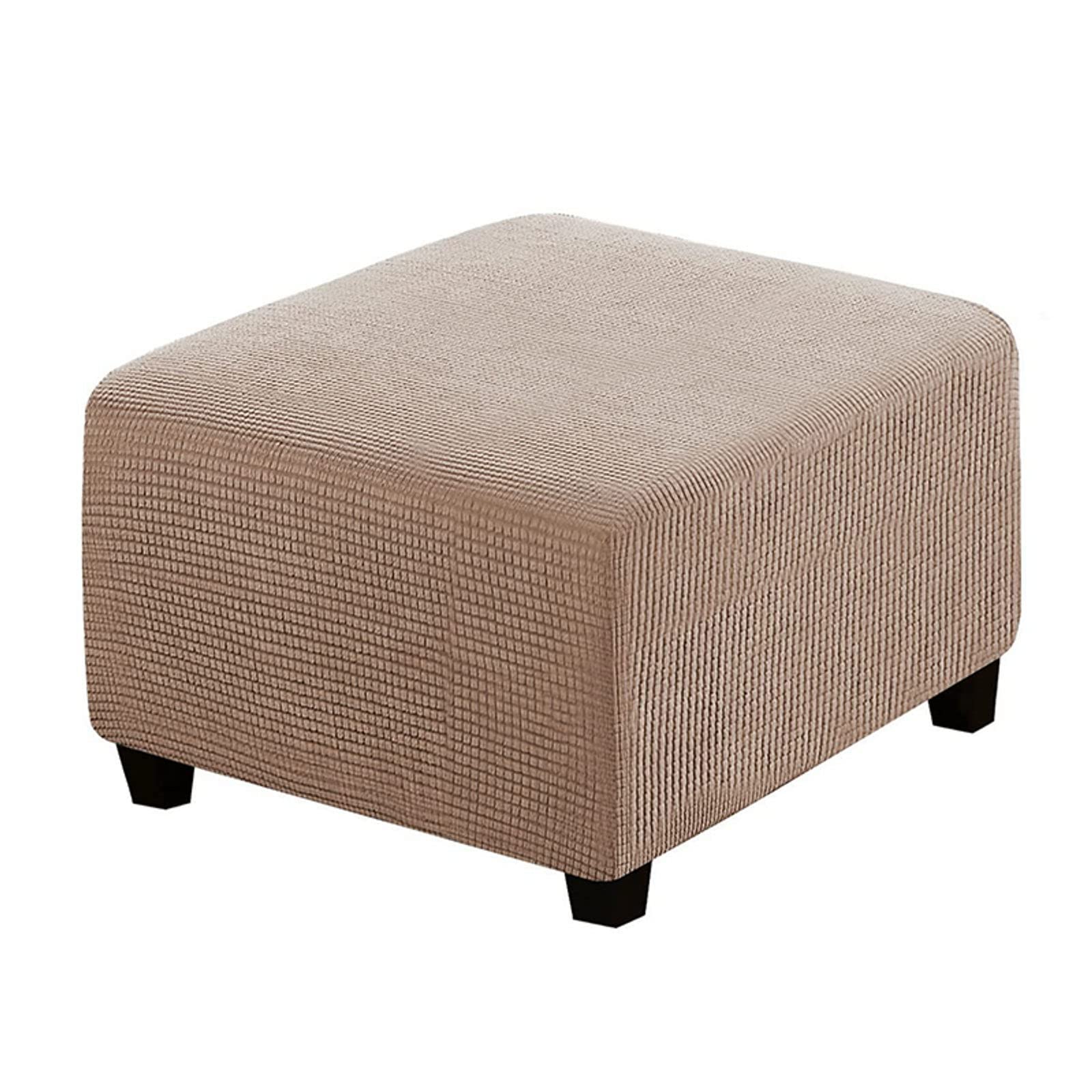 qiden Square Footstool Cover Stretch Ottoman Cover Plush, 10% Thicker Large Stretch Pouffe Cover Anti-Slip Foot Stool Jacquard Slipcovers With Elastic Bottom, Machine Washable-Khaki-Large