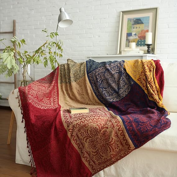 ele ELEOPTION Chenille Throw Blanket, Jacquard Tassels Throw Blanket