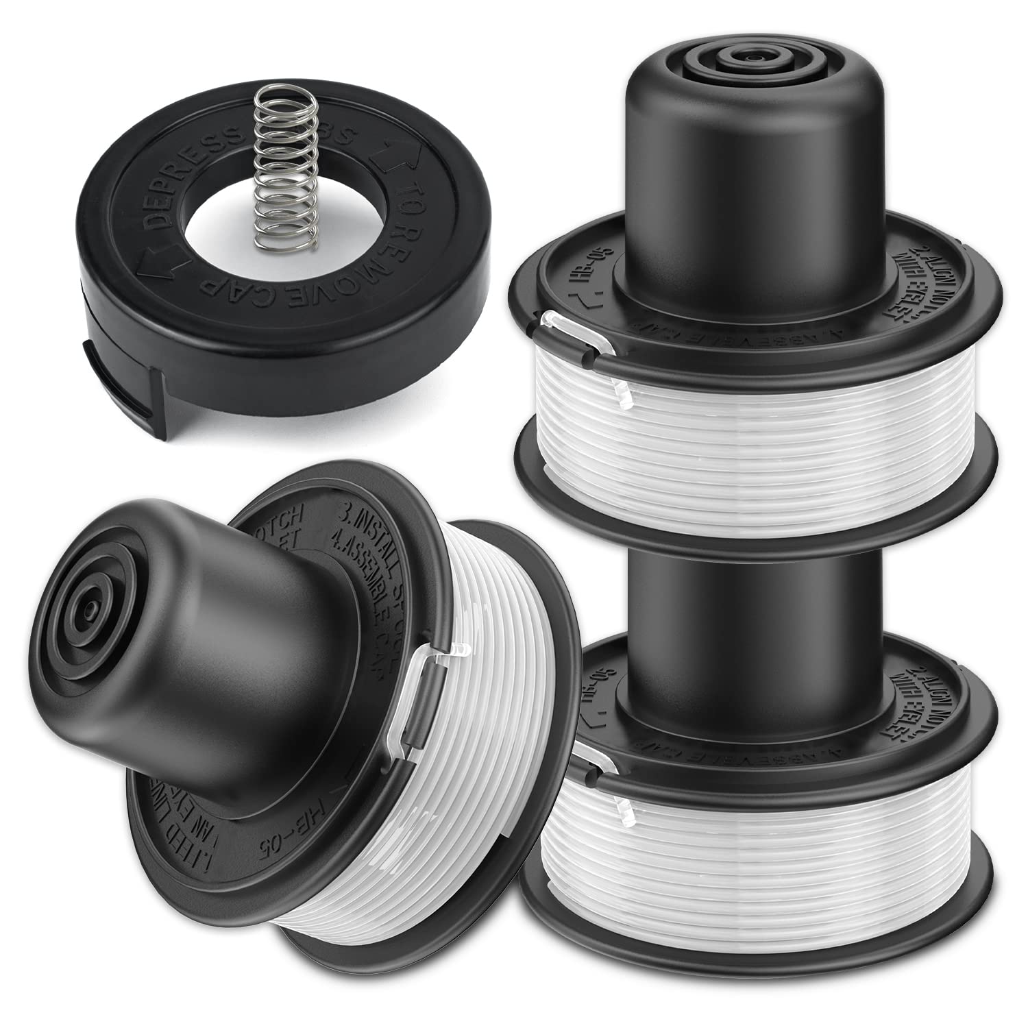 ERHUO Strimmer Spool Line, 3 PCS Trimmer Spool Line + 1 Strimmer Spool Cover, Compatible with Black+Decker Grass Trimmer Replace GL250/GL310/GL360 / GLC12/ BDST36 Spool and Cover, A6226-XJ