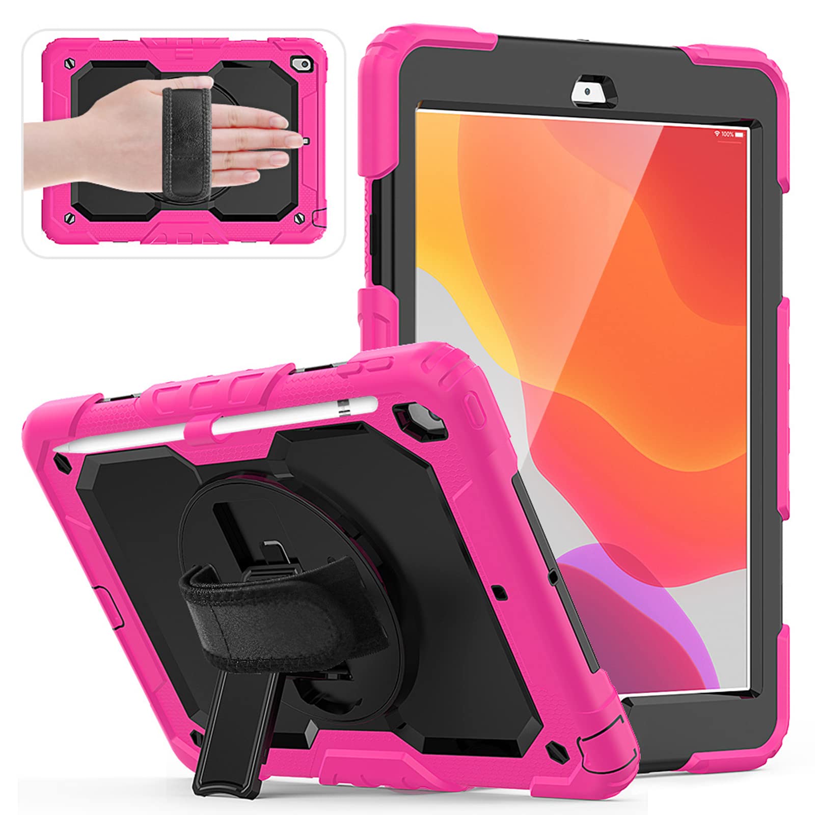 HUEZOE Case Compatible with iPad 10.2 Inch Model 2021/2020/2019, Shockproof Full Body Protection Cover for iPad 9/8/7 Generation, Pink Red