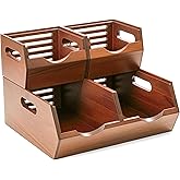 HOMESTEAD Stackable Solid Wood Storage Bins for Kitchen Pantry & Countertop, Ventilated Potato and Onion Basket Organizer with Handles, Wooden Produce Storage Containers, 3-Pack, Chestnut Finish