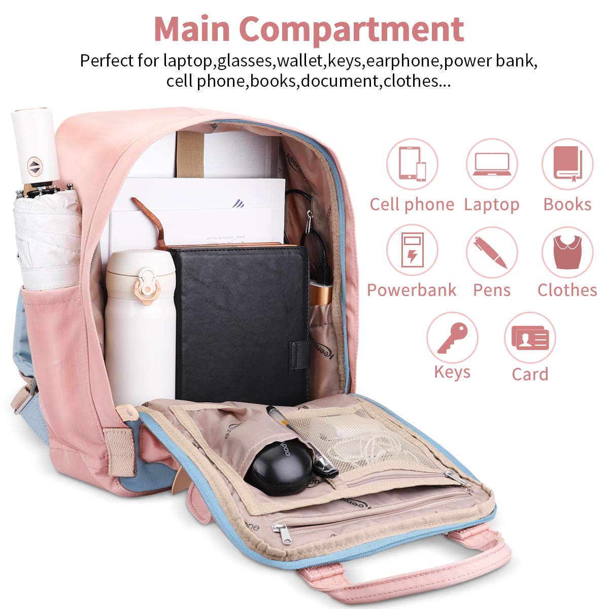 Keenstone Rucksack Satchel Backpack with laptop compartment for Women,Travel Laptop Computer Backpacks with USB Charging Port, Water Resistant College School Bookbag Fits 14 Inch Notebook(Blue)