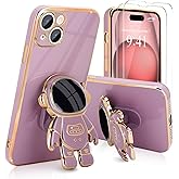 Pepmune for iPhone 15 Plus Case, Cute 3D Astronaut Stand with [2 Screen Protector] [Camera Protection] Kickstand Shockproof Bling Silicone Soft Cover for Apple iPhone 15 Plus Phone Case, Purple