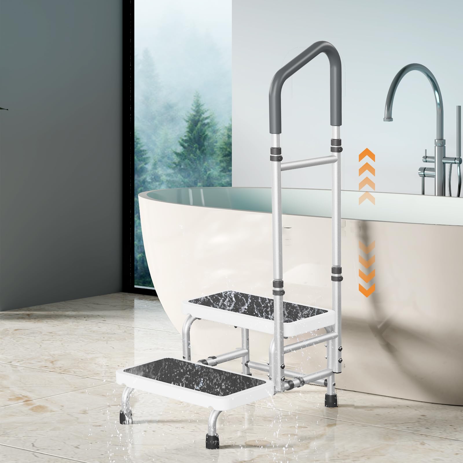 Photo 1 of 2 Step Stool with Handle & Non-Skid Platform, Adjustable Handrail Step Stool for Elderly, Adults, Lightweight Bed Step Foot Stool for Kitchen, Bedside, RV, Bathtub,Supports 400 lbs (White)