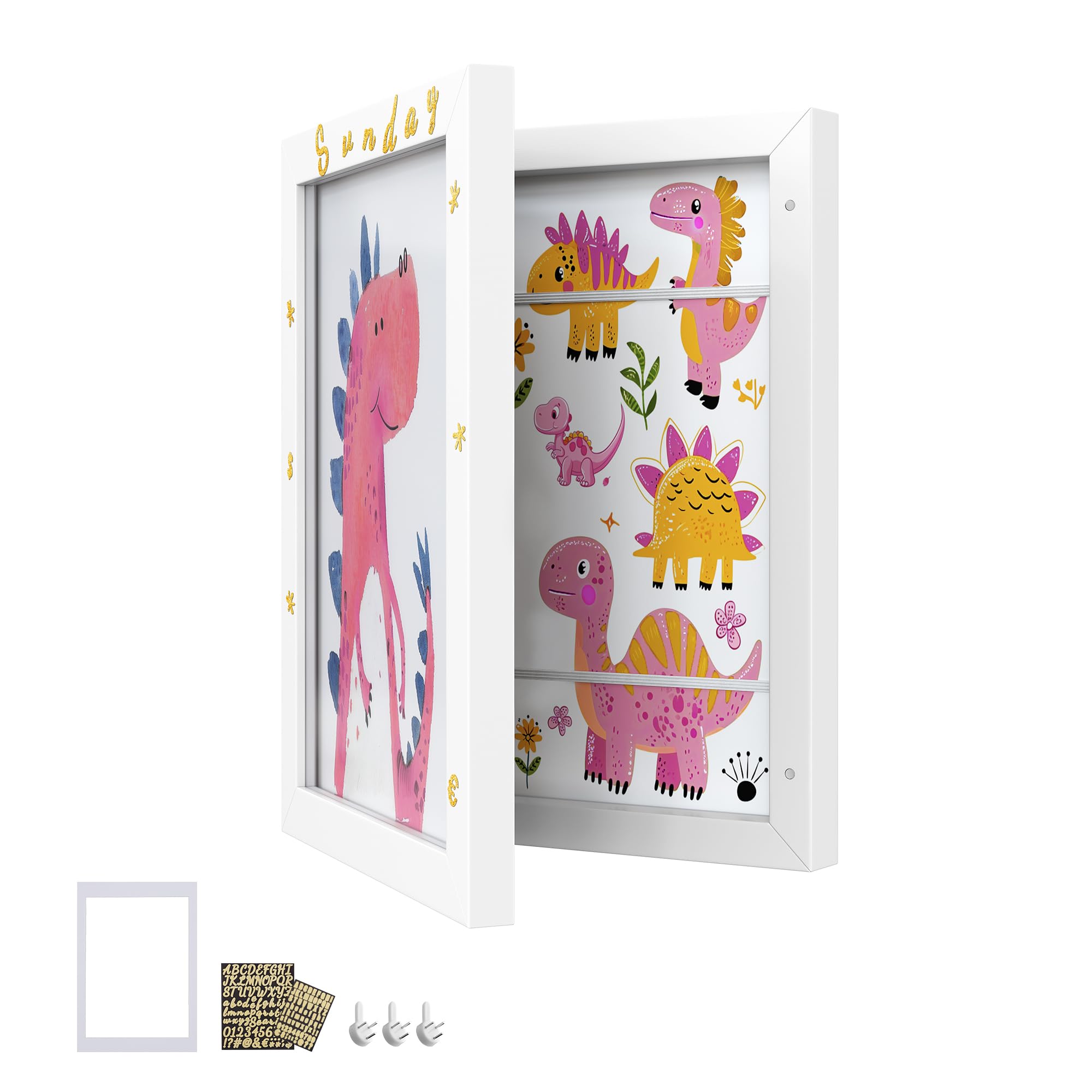 SONGMICS Kids Art Frame, Artwork Frame, A4, 8.5x11 Picture Frame, Holds up to 150 Drawings, MDF, Glass, Includes Mat, Stickers, Non-Trace Nails, 34.5 x 25.5 cm, Matte White RPF052W01