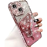 Changjia for iPhone 15 Plus Glitter 3D Butterfly Case,Cute Luxury Bling Sparkly Diamond Rhinestones Liquid Flowing Case with Camera Protector TPU Bumper Women Girls Case for iPhone 15 Plus 6.7", Pink