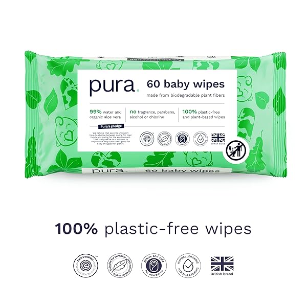 PURA NATURAL SENSITIVE BABY WIPES, 99% WATER, UNSCENTED & HYPOALLERGENIC, SUITABLE FOR SENSITIVE & ECZEMA-PRONE SKIN, FRAGRANCE FREE & HYPOALLERGENIC, EWG VERIFIED, 3 X 60 PER PACK (180 WIPES)