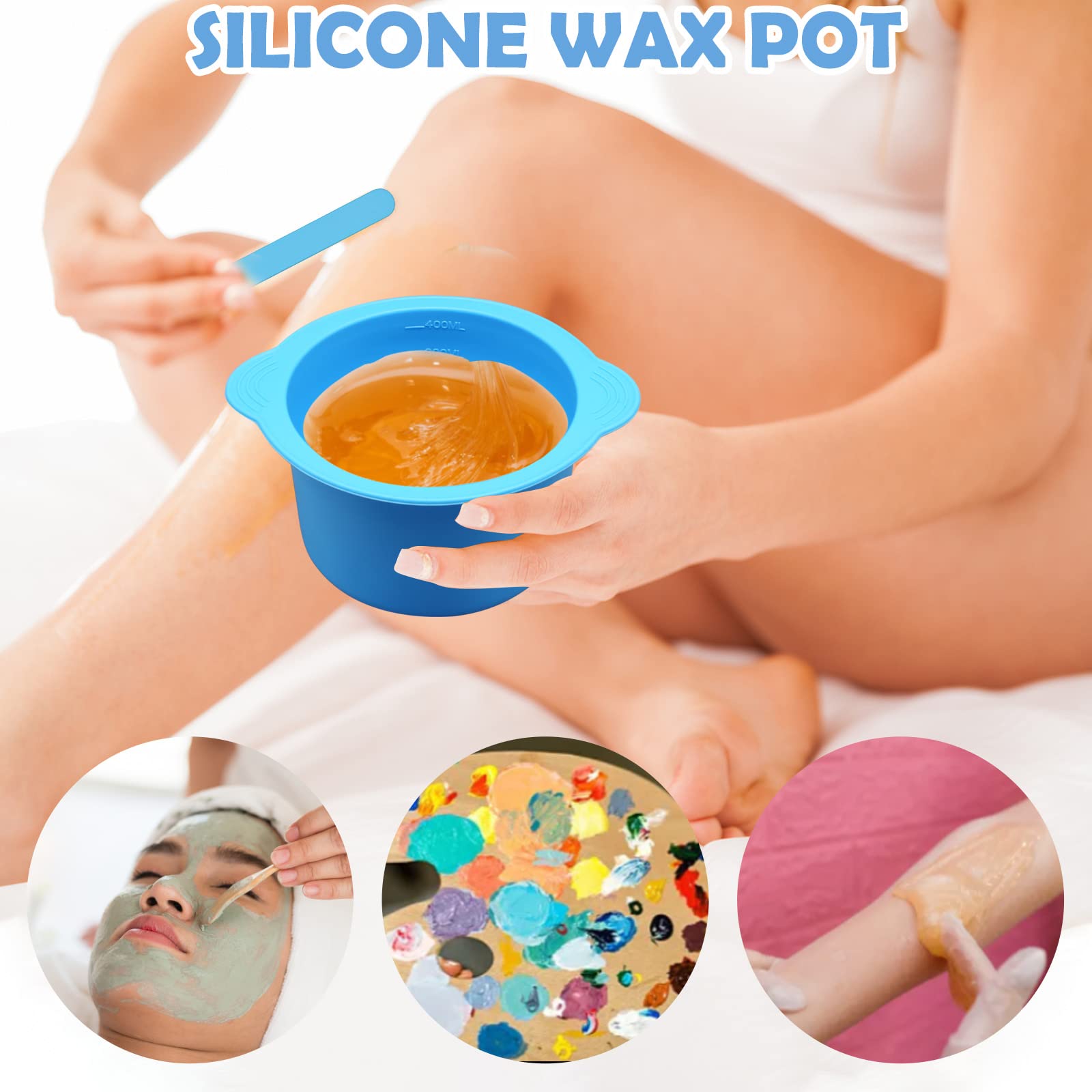 Silicone Wax Warmer Liners with Spatula Sticks - 2 Pcs Non-Stick Reusable Wax Melt Bowls for Hair Removal (Blue, Pink)