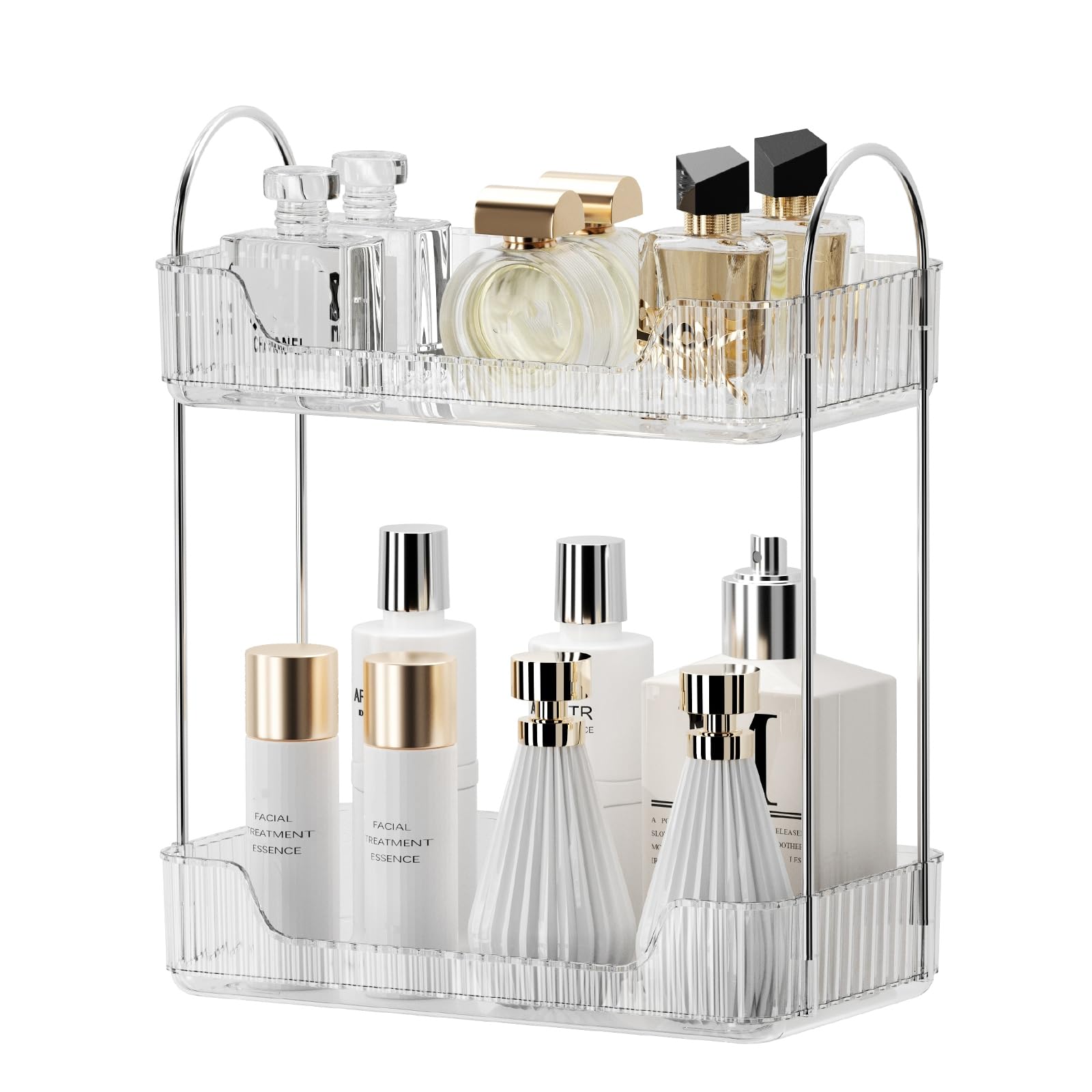 Bathroom Organiser Countertop - 2-Tier Vanity Tray for Skincare, Makeup, Cosmetics, Toiletries, Lotions, Perfumes - Clear Counter Shelf