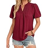Funlingo Womens Boho Tops Summer Short Puff Sleeve V Neck Blouses Dressy Casual Flowy Swiss Dot Lace Crochet Shirts