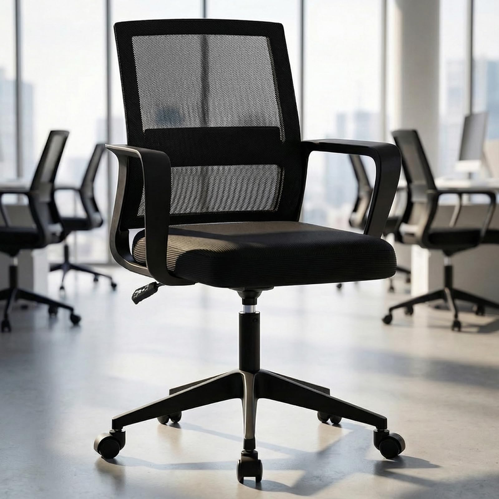SUKIDA Desk Chair Mesh Office Chair with Upholstery Executive Office Chair with Armrests, Mid-Back Task Chair Height-Adjustable Computer Chair, Black